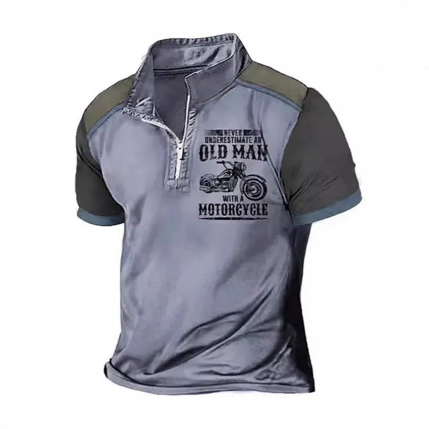 Men's casual short-sleeve polo shirt with lapel collar and printed letter pattern.