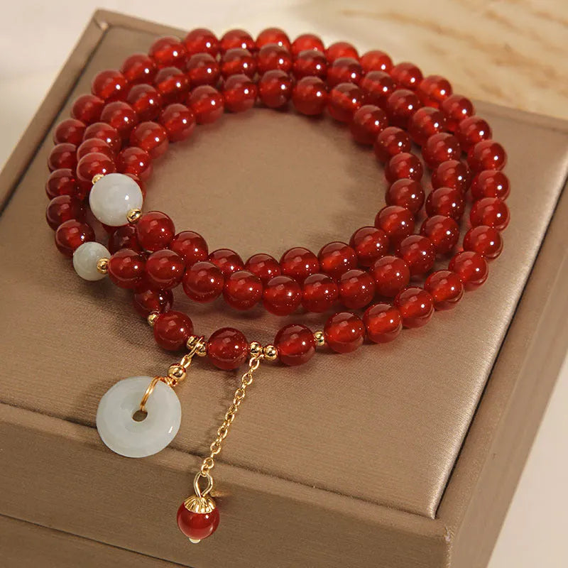 Women's red agate multi-layer bracelet with crystal accents and elastic band