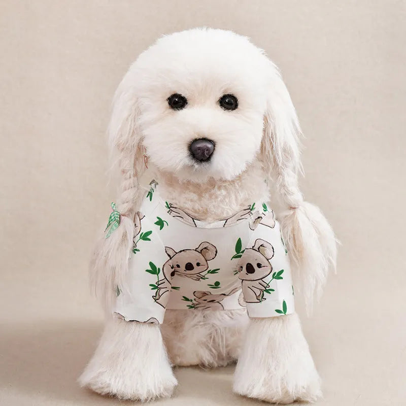 Full print casual T-shirt on a small dog, showing the patterned polyester fabric.