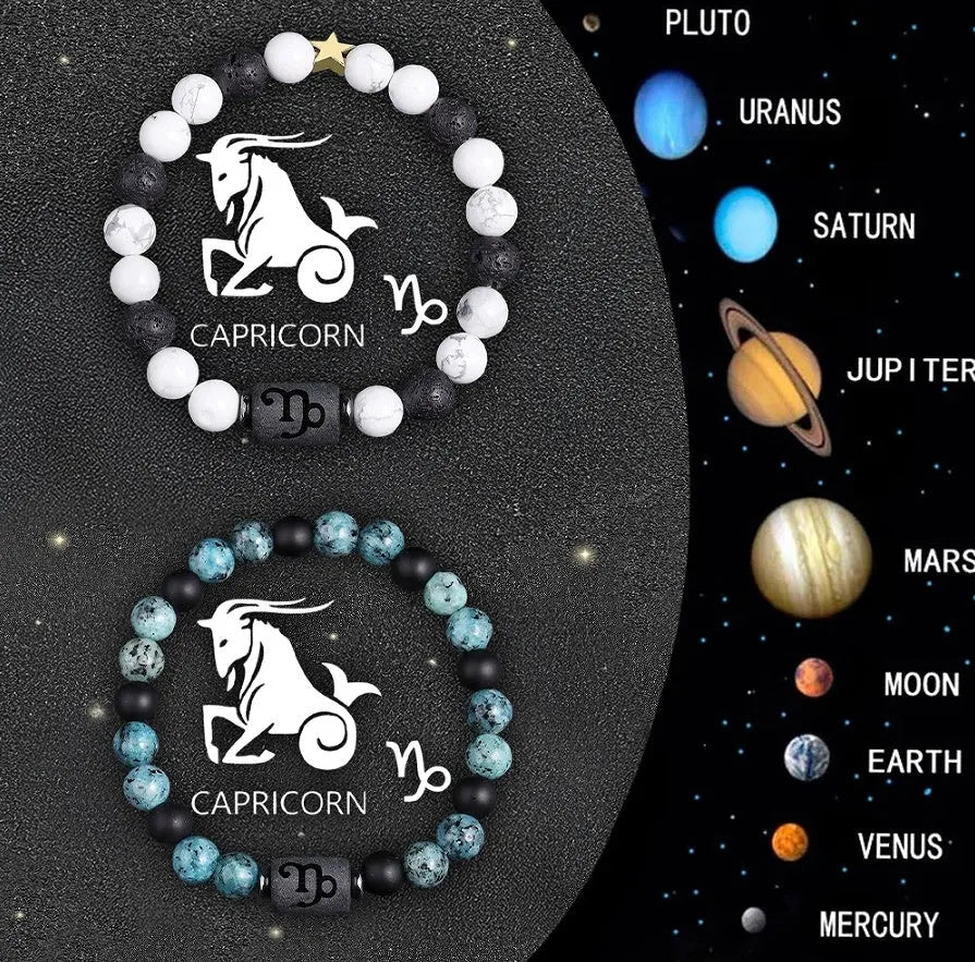 Set of twelve natural stone beaded bracelets for zodiac signs on elasticated string.