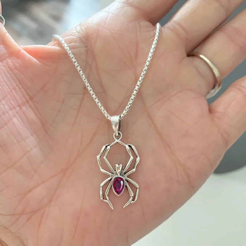 Lady Halloween ghost spider necklace copper box chain mixed gemstone pendant white gold colour