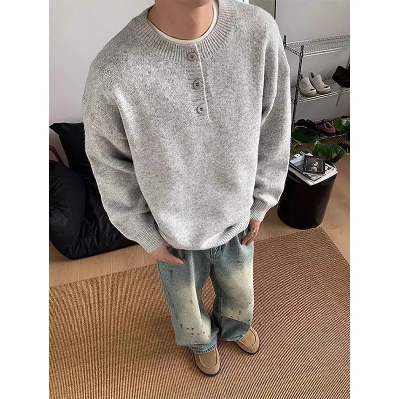 Men's loose fit long sleeve polyester knit sweater in black, Hong Kong style pullover