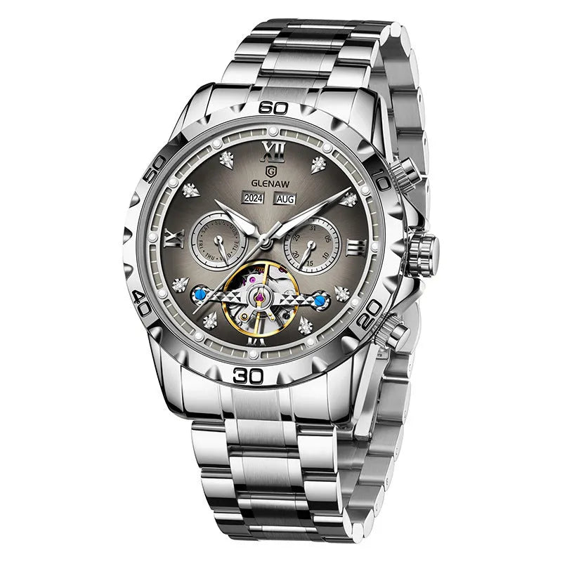 Men's automatic mechanical watch with stainless steel strap and metal case in various colour combinations.