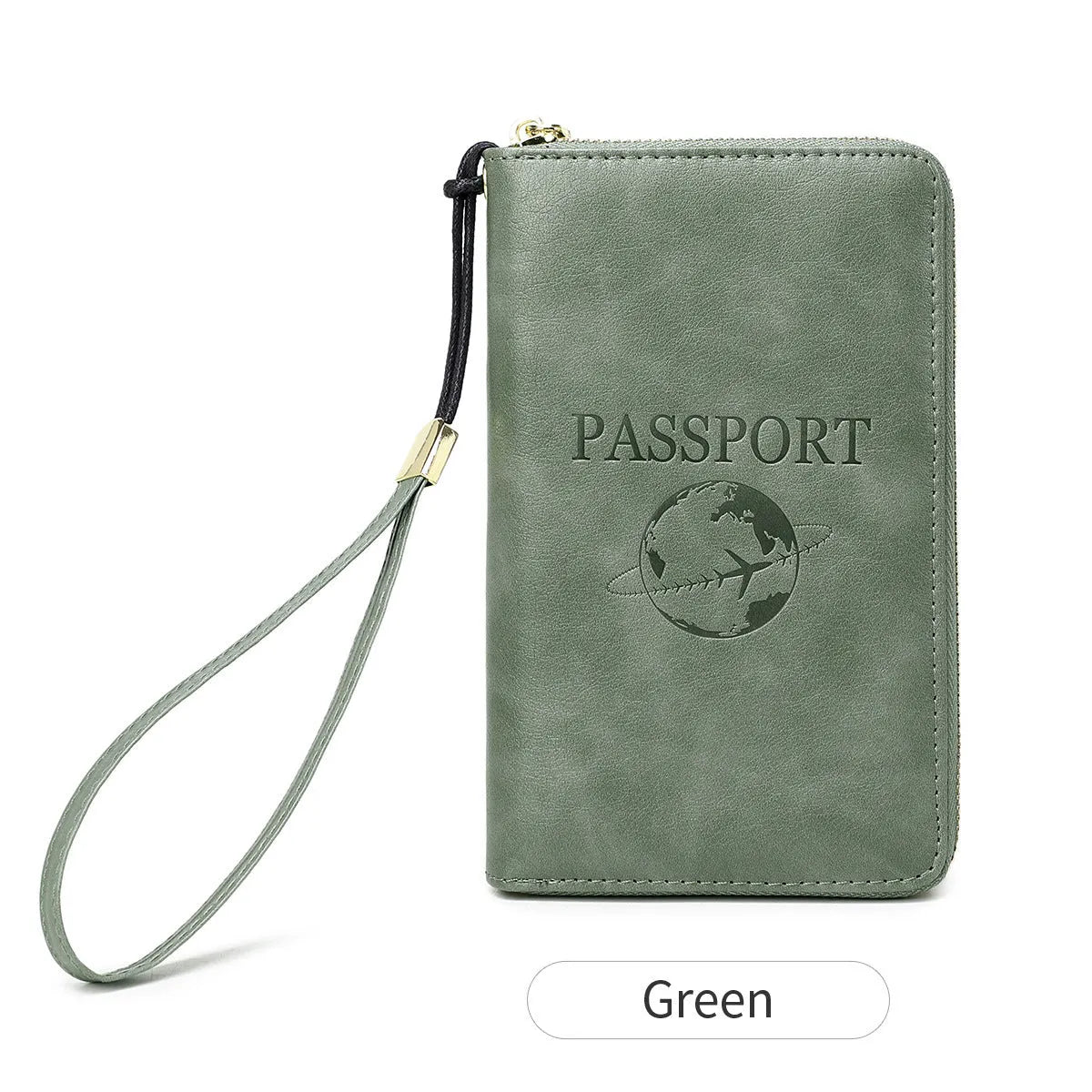 Brown PU travel document wallet with zip, open to show credit card slots and passport space.