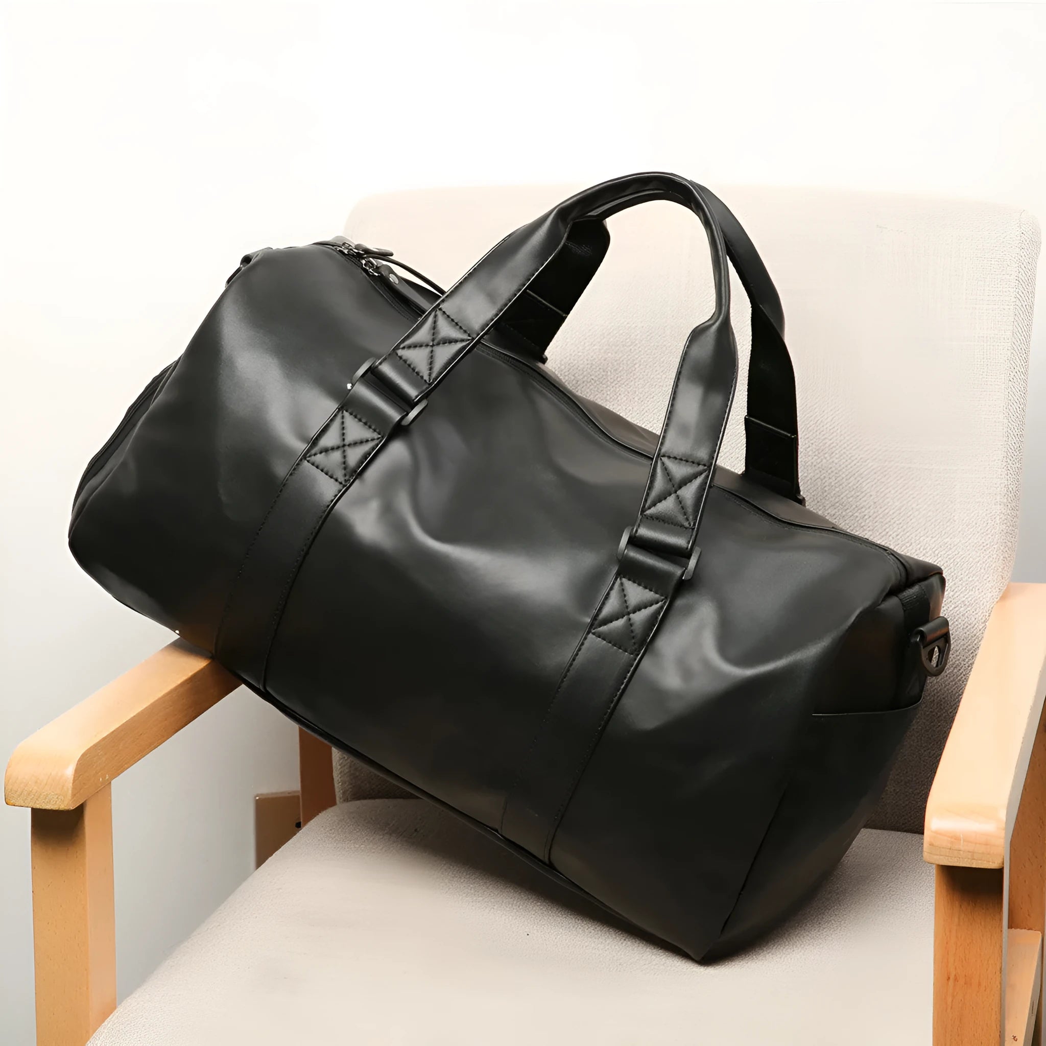 Chaomen black PU leather fitness bag 50cm wide with soft handle and shoulder strap