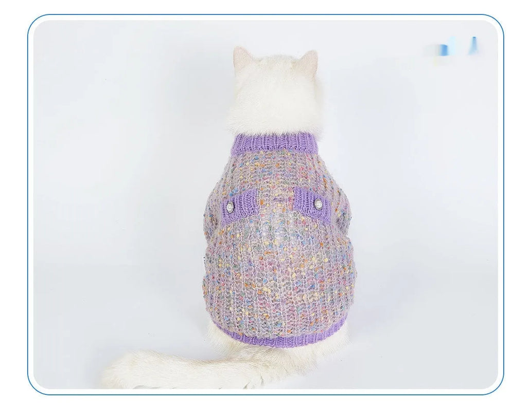 Purple dog sweater cardigan on pet hanger showing casual style and polyester fabric