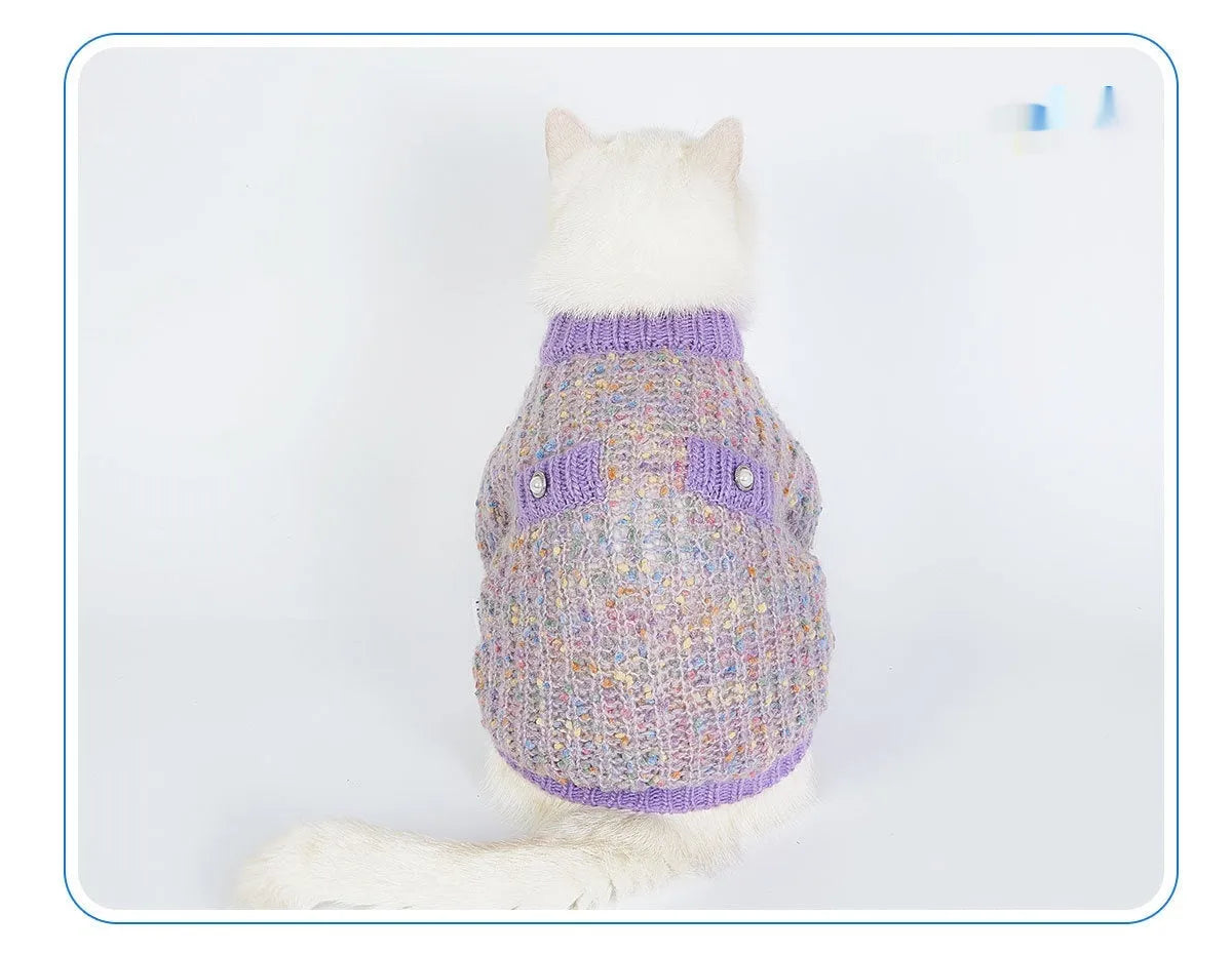 Purple dog sweater cardigan on pet hanger showing casual style and polyester fabric