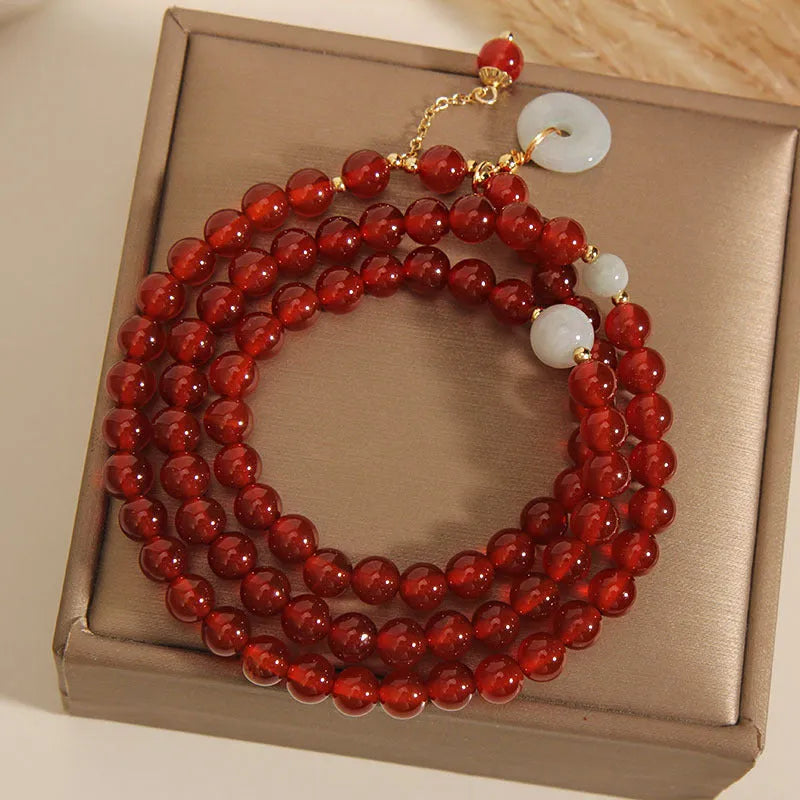 Women's red agate multi-layer bracelet with crystal accents and elastic band