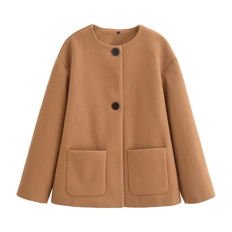 Women's round neck PU coat with zip fastening and patchwork splicing, 50cm length, in camel