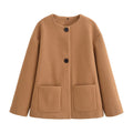 Women's round neck PU coat with zip fastening and patchwork splicing, 50cm length, in camel