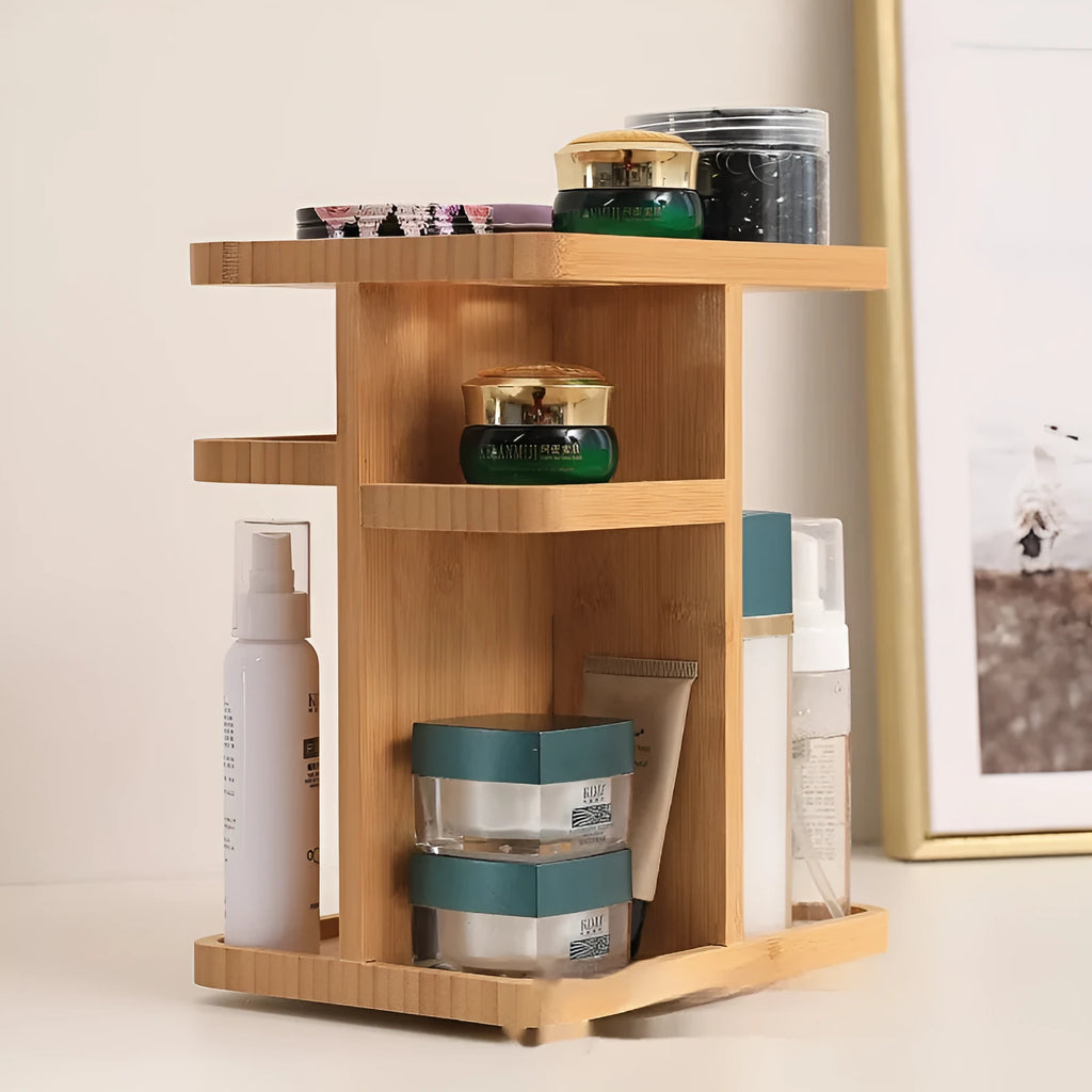 Bamboo rotating storage rack with multiple grid layers for home organisation