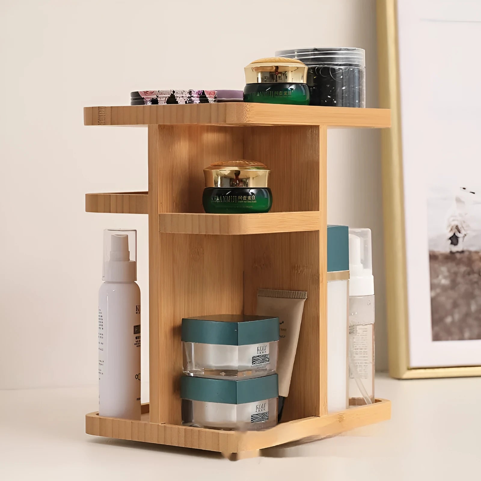 Bamboo rotating storage rack with multiple grid layers for home organisation