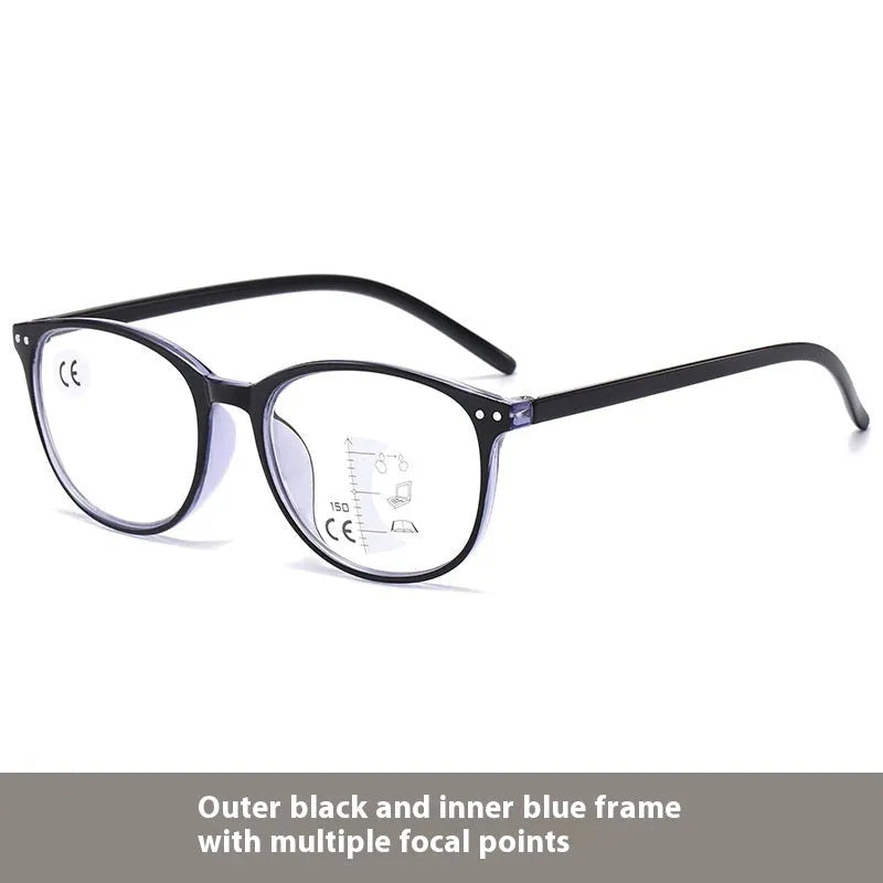 Women's ultra-light presbyopic glasses with multi-focus lenses in a choice of frame colours.