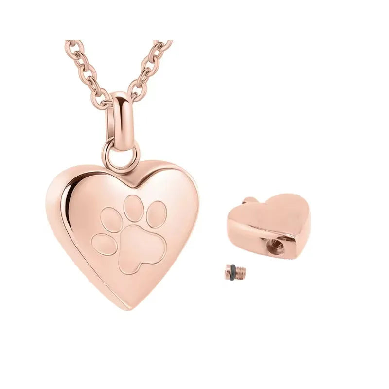 Openable heart-shaped titanium steel casket necklace with a love paw print design in silver finish.