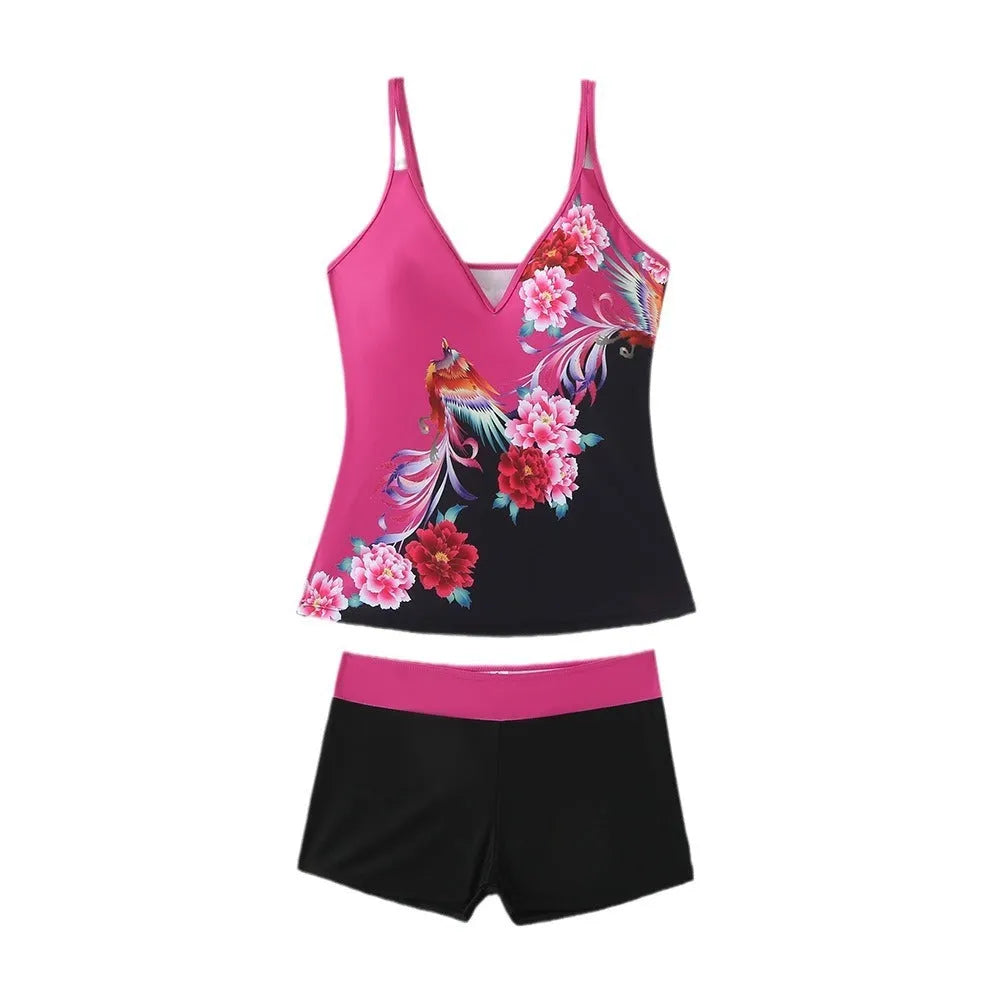 Women's plus size printed swimsuit in black or rose red with briefs style.