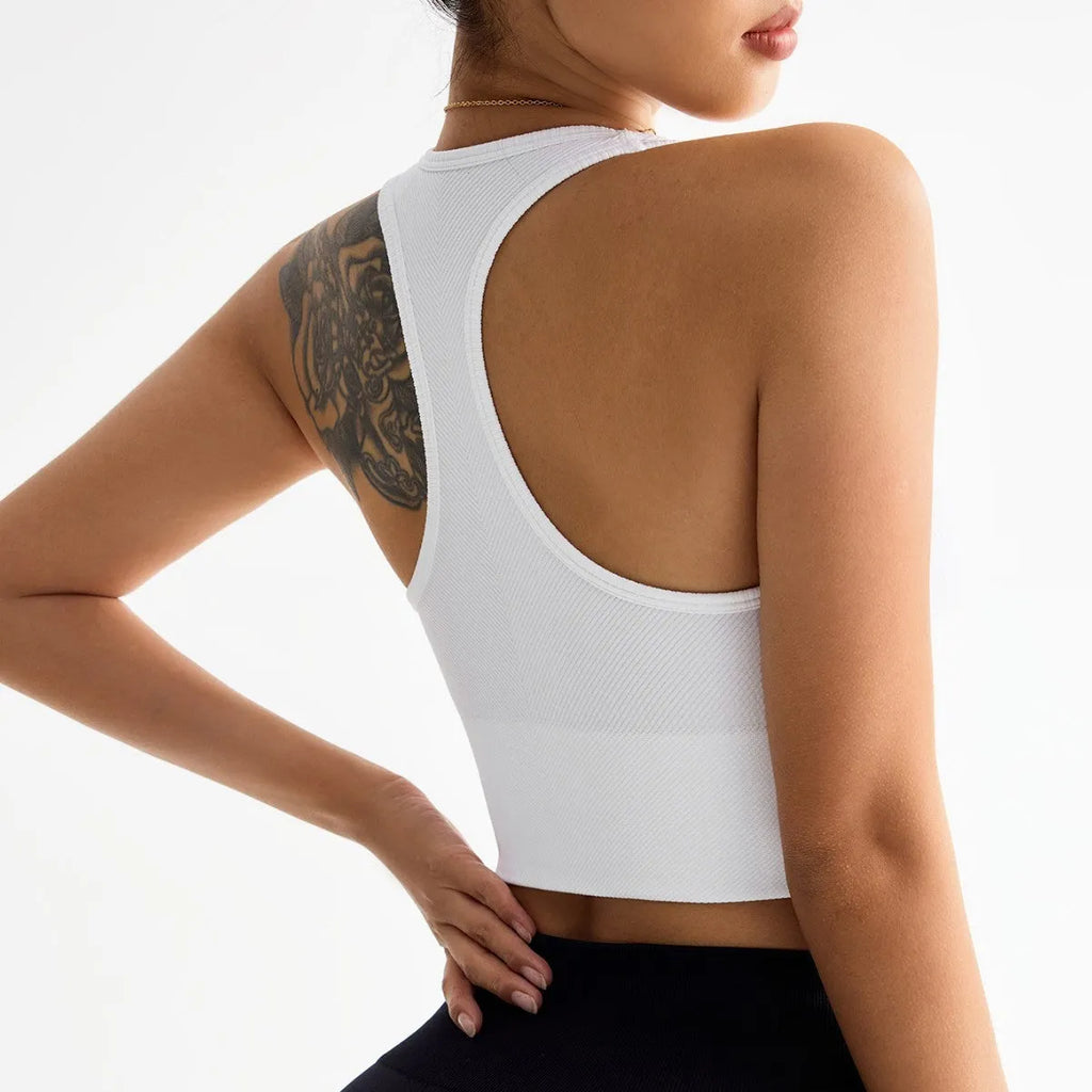 Black women's cross back sports bra with double straps and full cups for running and yoga.