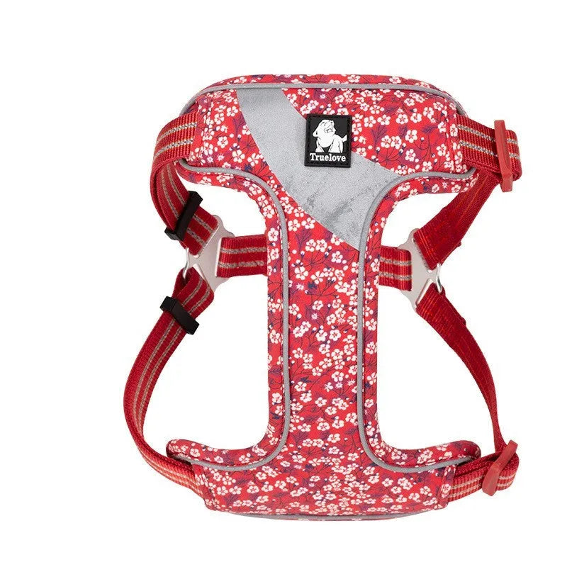 Nylon pet chest strap in a floral pattern, shown with size options S, M, and L.