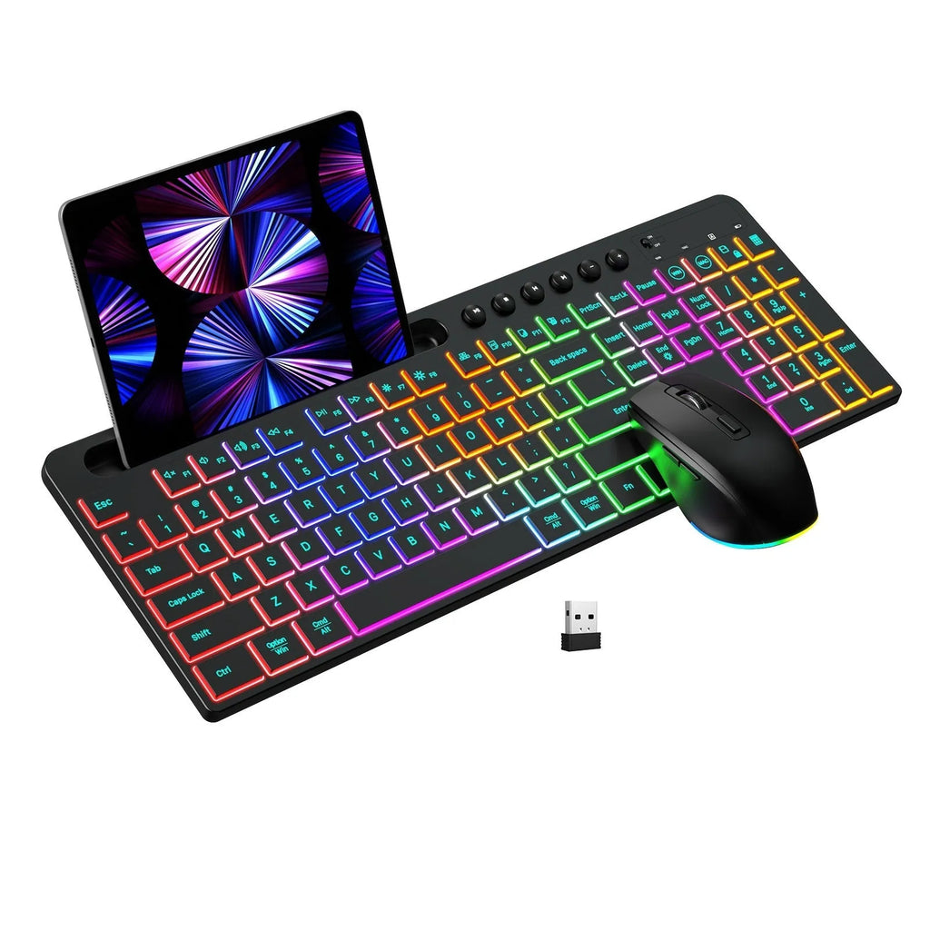 Black wireless keyboard and mouse set with card slot showing waterproof keyboard and 2.4GHz receiver