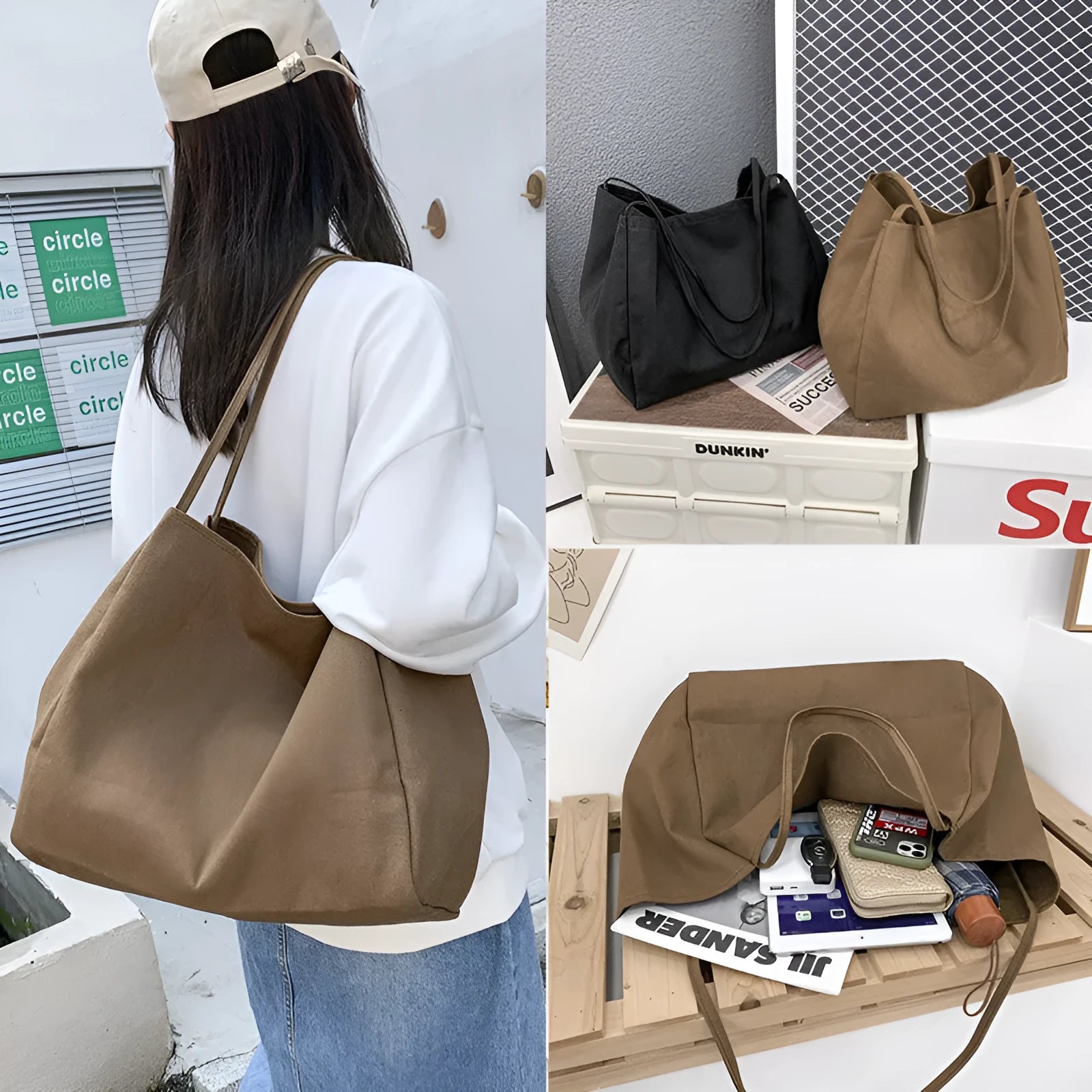 Solid colour canvas women's handbag with double shoulder straps and horizontal square shape