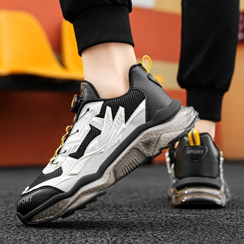 Men's black rotating button dad shoes with platform soles and mesh upper for height-increasing casual wear