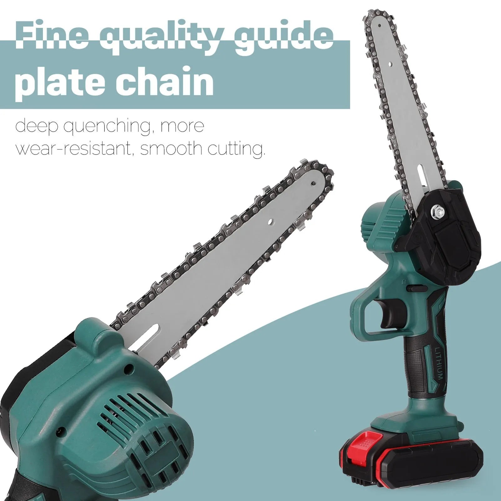 Black one-hand mini electric chainsaw with a 4-inch guide bar on a workbench.
