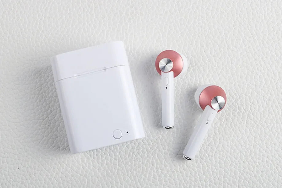 Sports Bluetooth wireless headset in black, silver, gold, red, and rose gold colours.