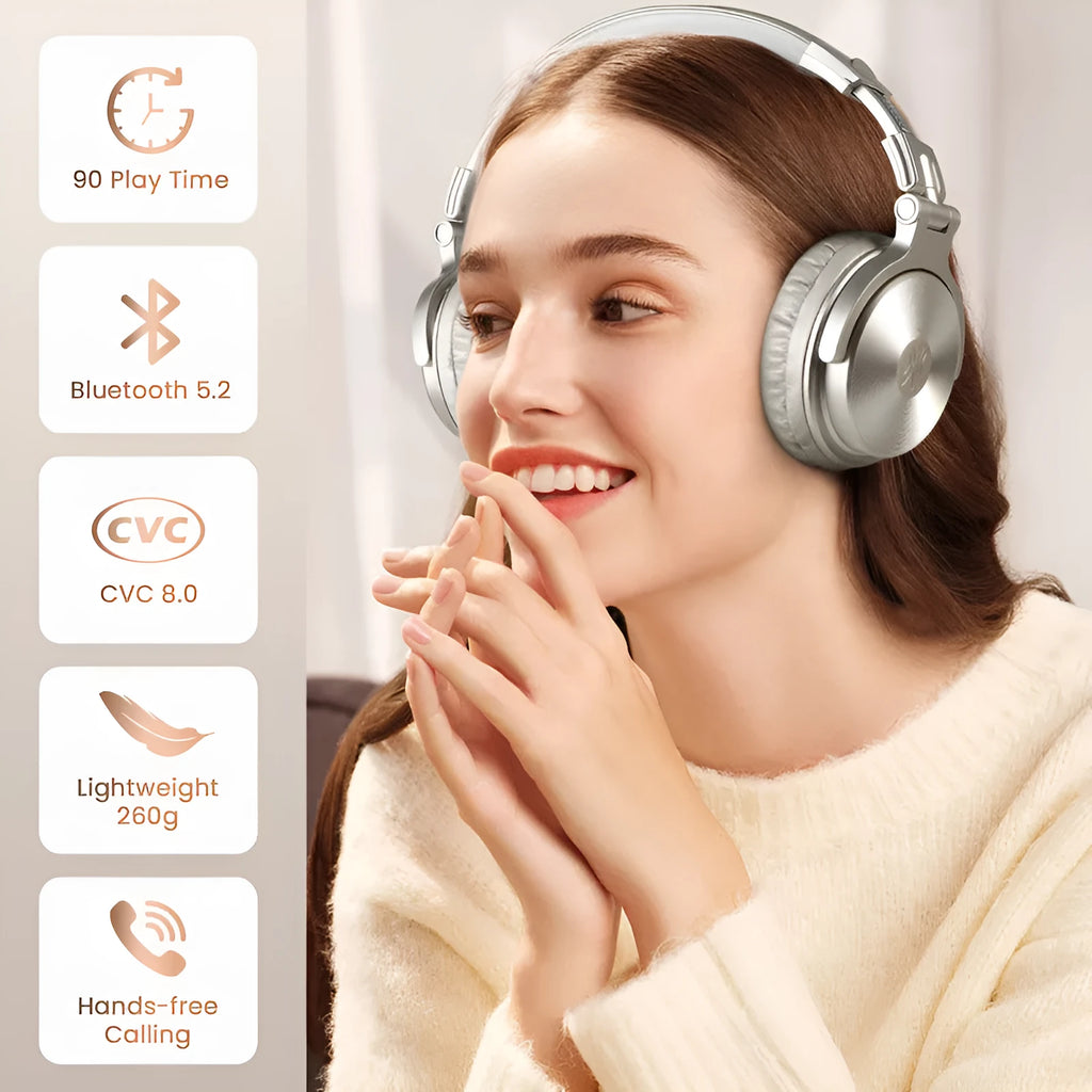 Wireless Bluetooth over-ear headset with microphone, 50mm driver, 1.2m cable, in black or champagne gold