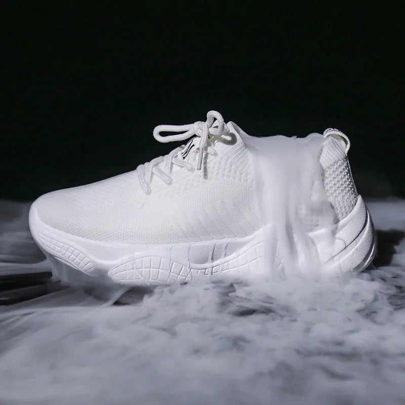 Women's white thick-soled casual shoes with woven upper and front strap.