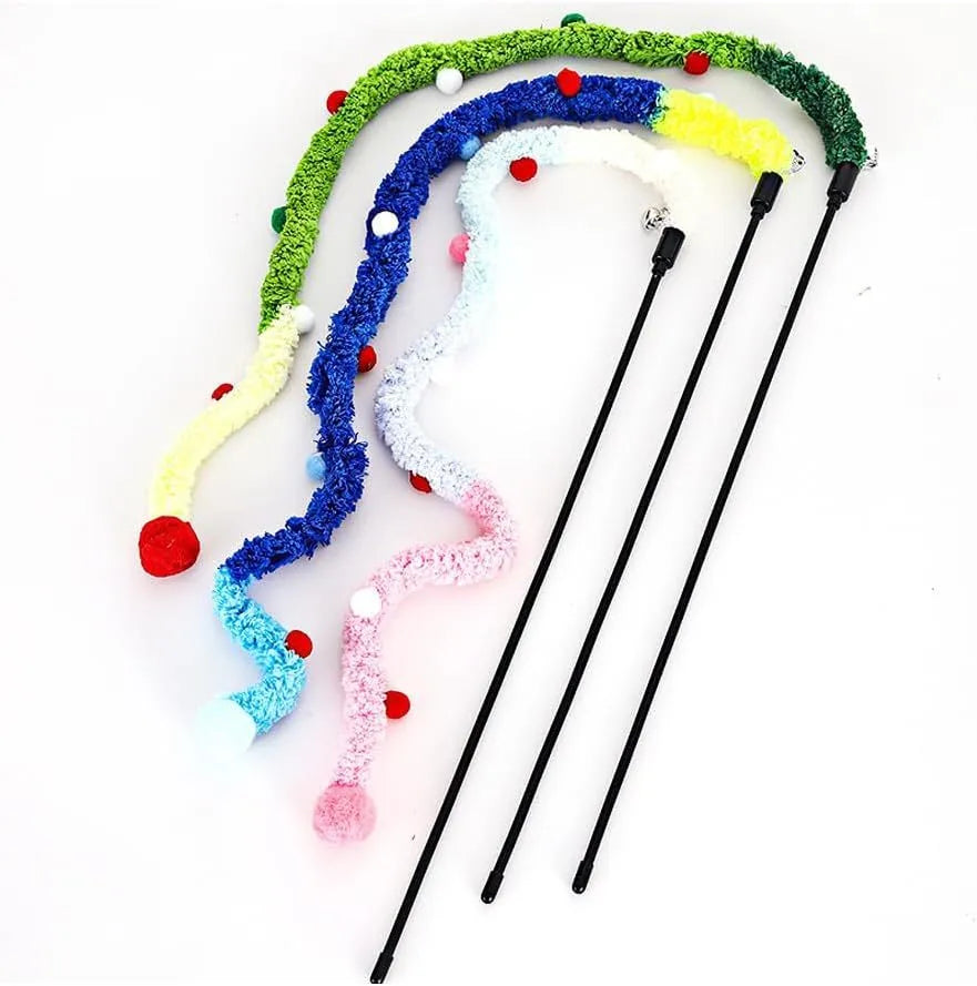 Interactive cat wand toy with plush strip and bell-equipped fluffy ball in blue, green, or pink