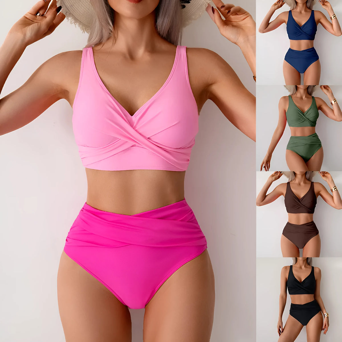 High waist bikini set for women in solid colour with split and backless design