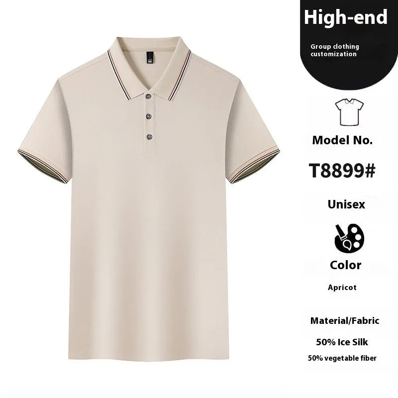 Solid colour ice silk polo shirt on a hanger showing apricot colour variant