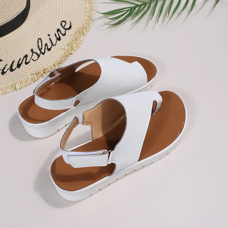 Thong sandals with Velcro closure flat beach shoes PU upper round toe casual women