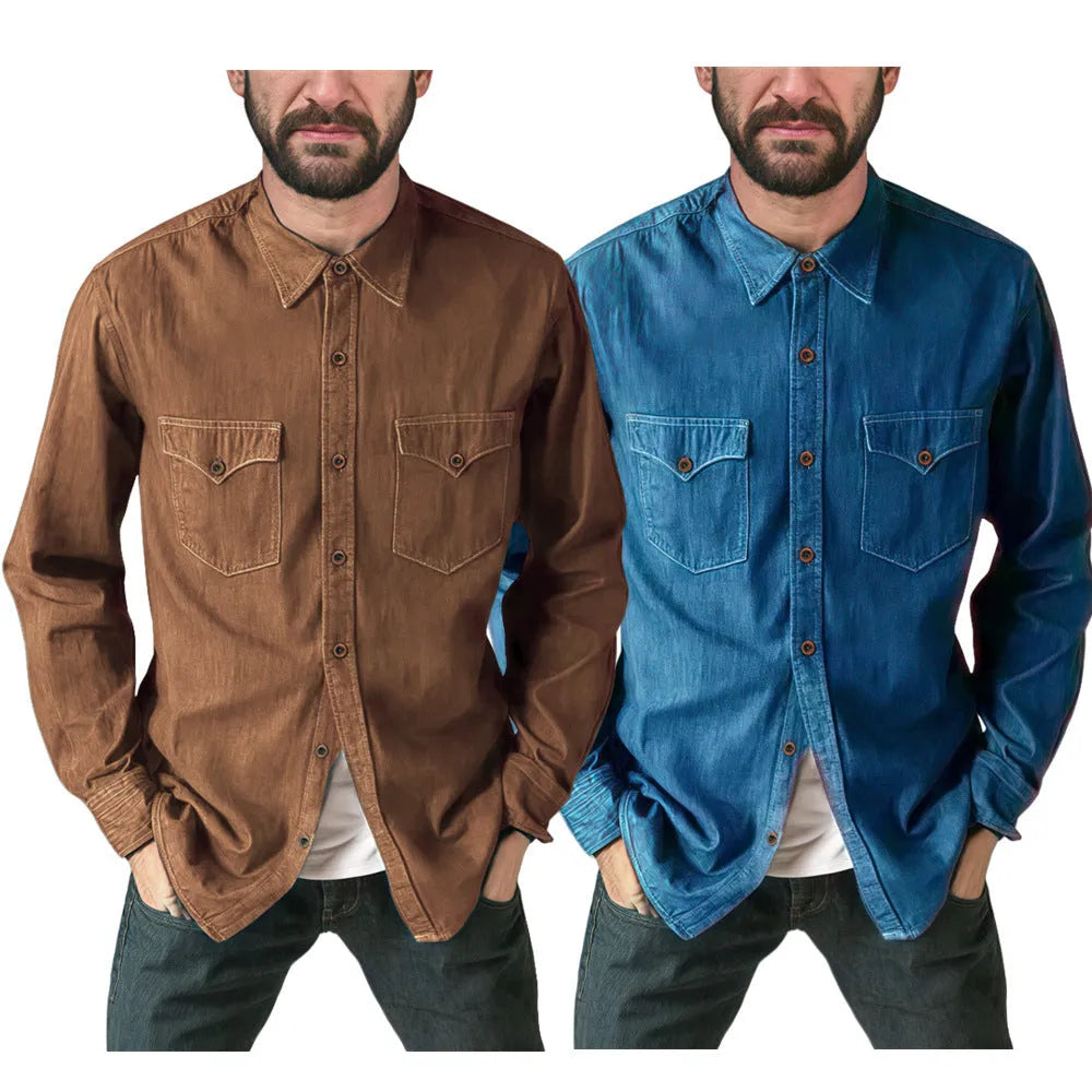 A button-front denim cardigan coat in a choice of khaki, black, blue, or grey.