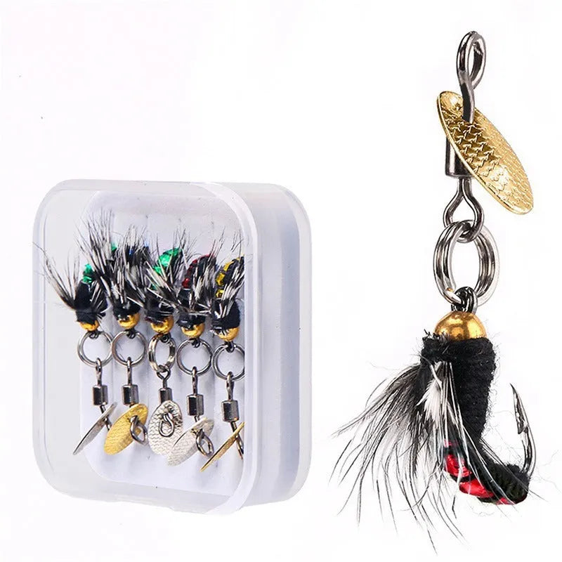 Five bionic poison mosquito fishing hooks with spinning sequins in multicolour patterns
