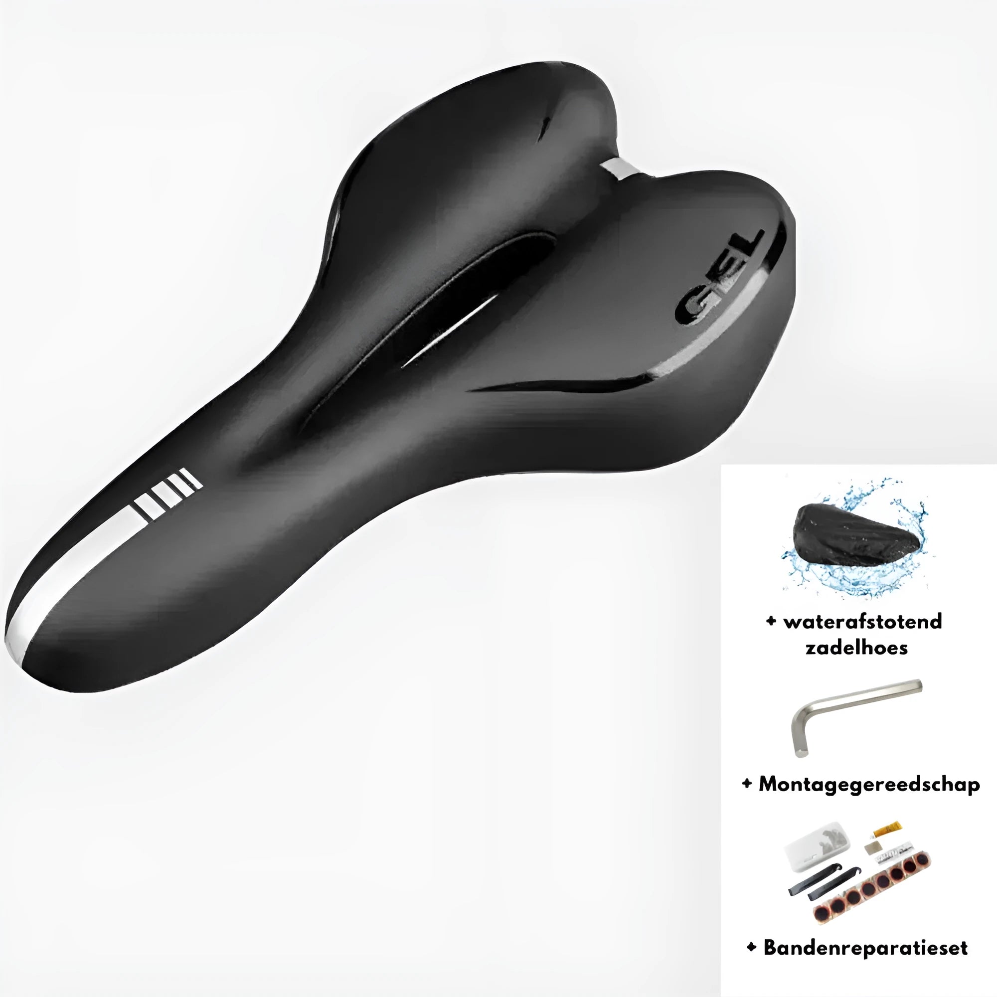 Silicone bicycle cushion saddle with PU leather cover, spring, and included wrench and tyre patches.