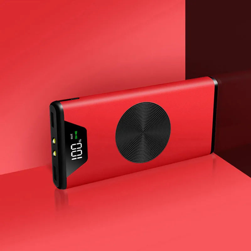 20000mAh metal wireless charging power bank in black with USB ports