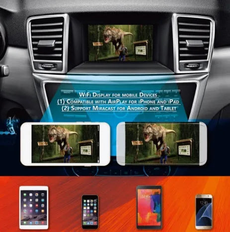 Black car mirror link box converter unit with antenna, power cable, and AV cable for wireless smartphone screen mirroring.