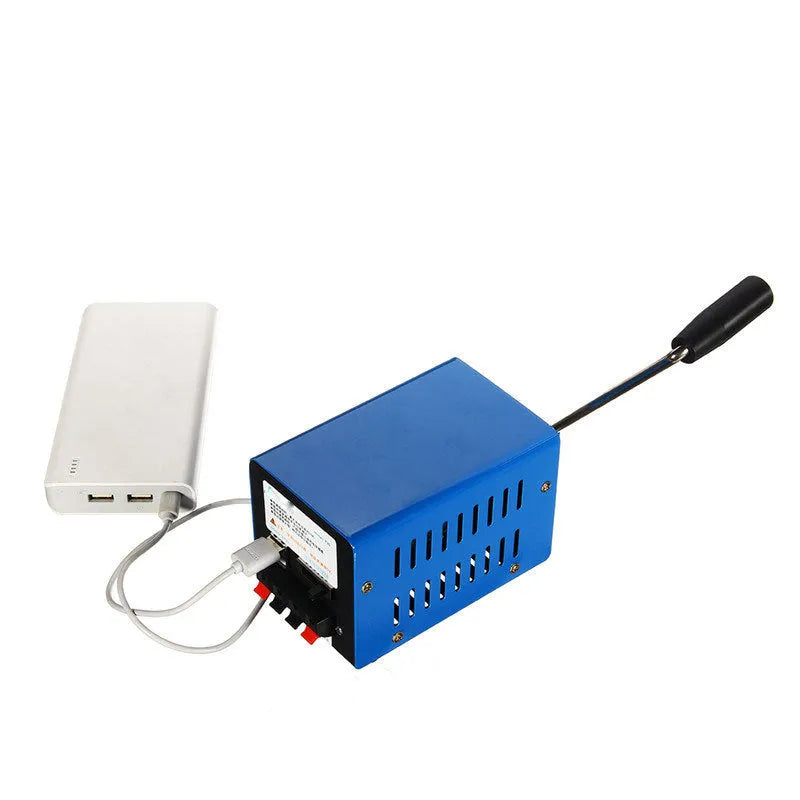 Blue metal hand crank emergency USB generator with anti-slip pads, showing compact size.