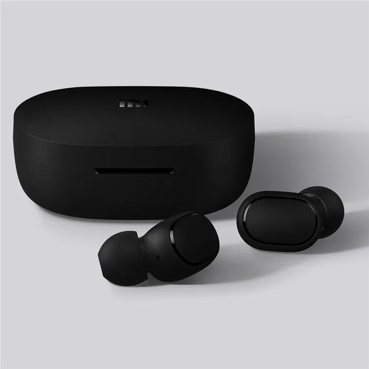 Redmi AirDots 2 black true wireless earphones and charging case on a white background.