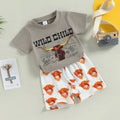 Boy's cotton pullover T-shirt and bell-bottom pants suit in gray with animal print, front view