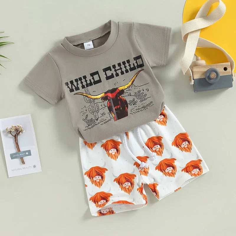 Boy's cotton pullover T-shirt and bell-bottom pants suit in gray with animal print, front view