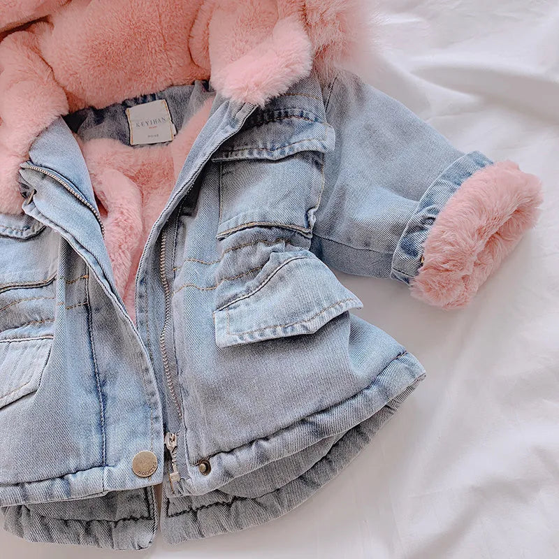 Blue denim jacket for girls with a fleece lining and attached hood.
