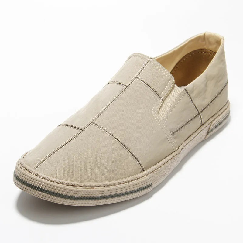 Men's low-top slip-on canvas shoes in various colours with vulcanised rubber soles