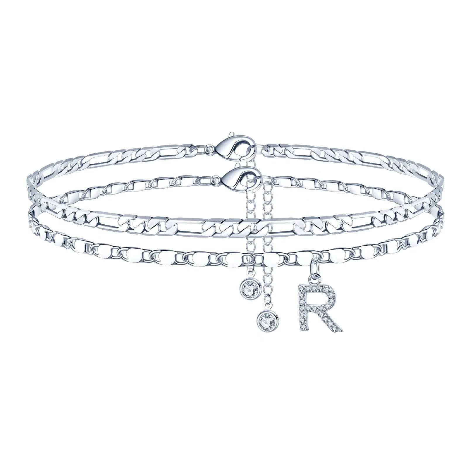 Silver-coloured double-circle bead copper anklet showing alphabet letter modelling on ankle.