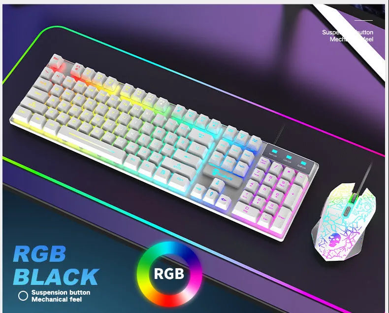 Kuiying T6RGB keyboard and mouse set in White RGB with rainbow lighting, mouse pad and manual, boxed 55 x 15.3 x 5 cm