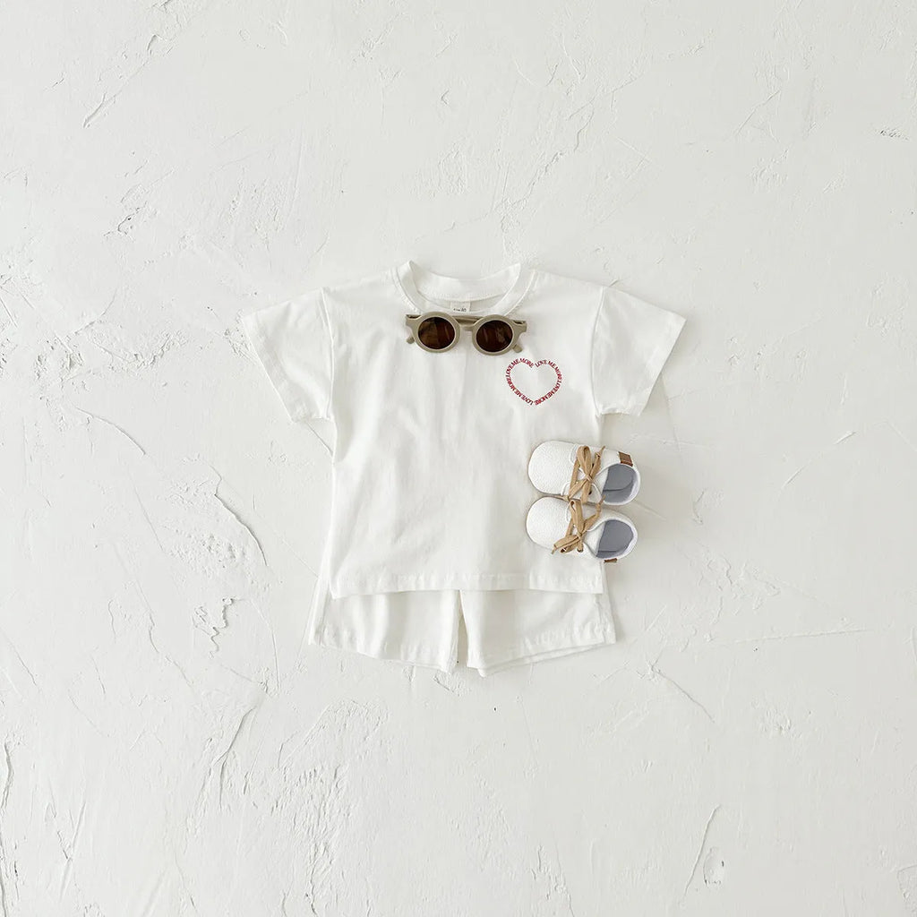 Korean style baby cotton two-piece suit set with heart printing and plaid pattern in white, pink, or grey