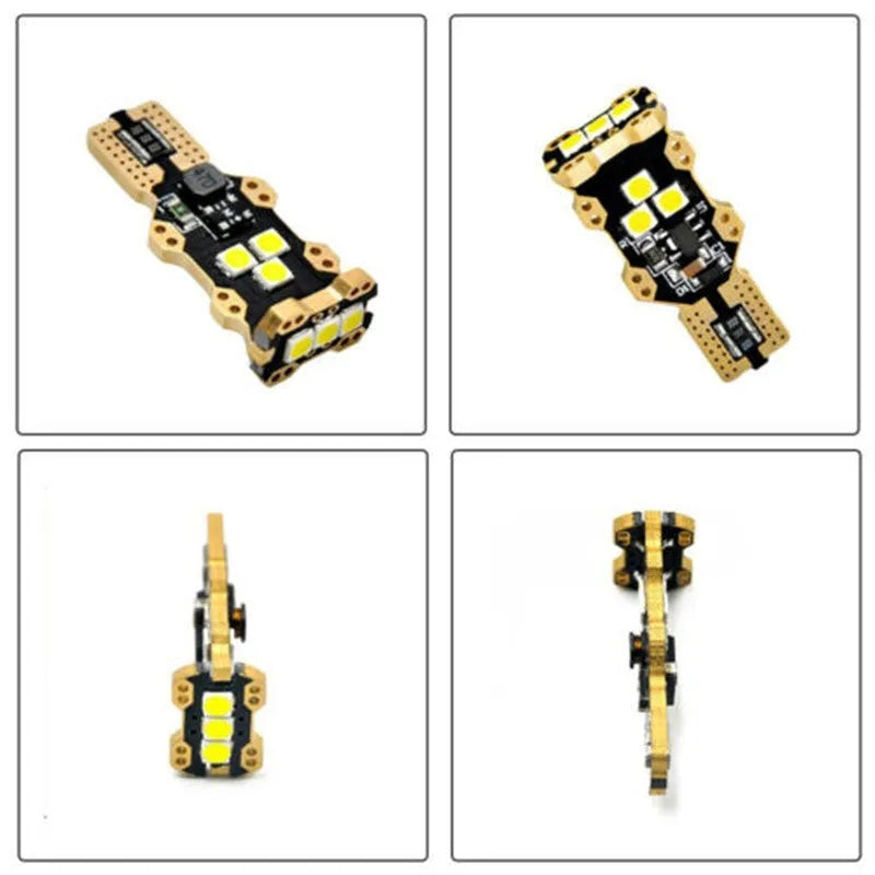 Single T15 format car reverse light bulb with white light and PVC housing.