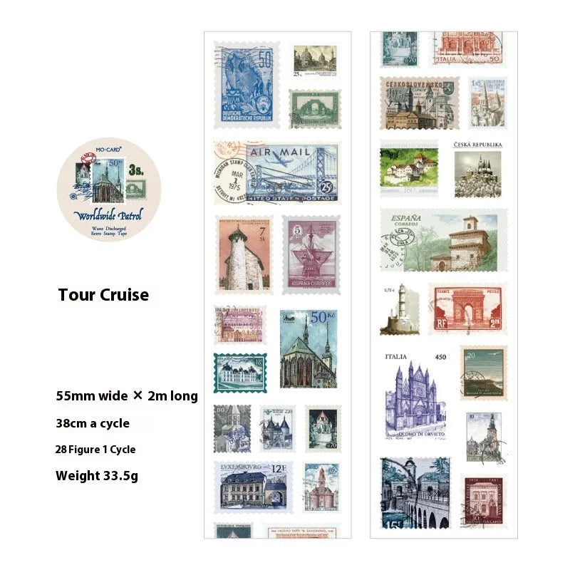 A roll of retro-patterned coated paper stamp stickers, 55mm wide, for DIY journal decoration.
