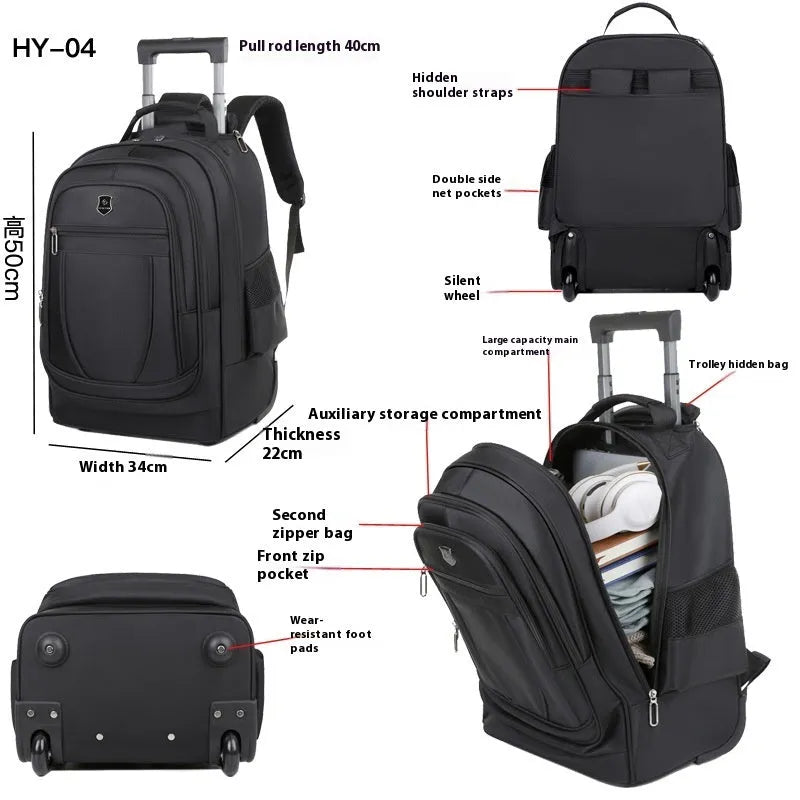 Large capacity drawbar Oxford cloth backpack in black with visible sewing thread, breathable back panel, and air pillow belt system