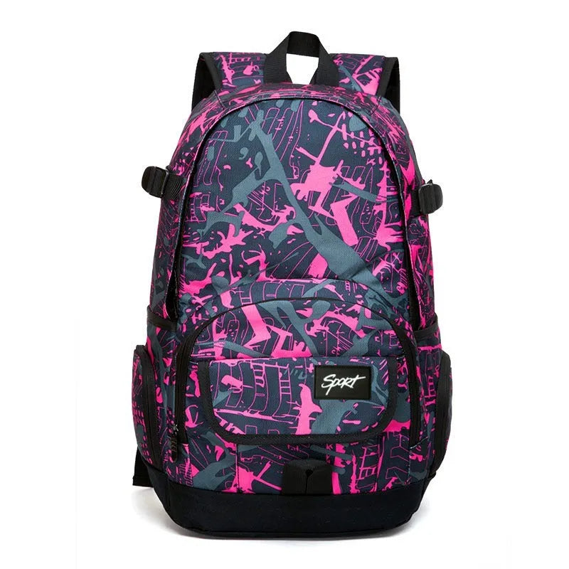 Blue and red classic nylon backpack with large main compartment for school and travel.